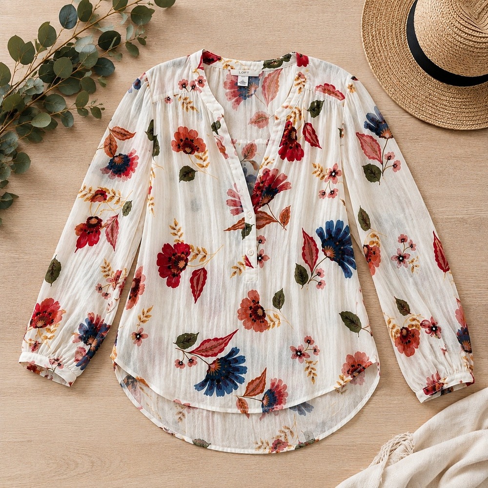 Old Navy Floral Boho Blouse Size M Ivory Long Sleeve Henley Peasant Top